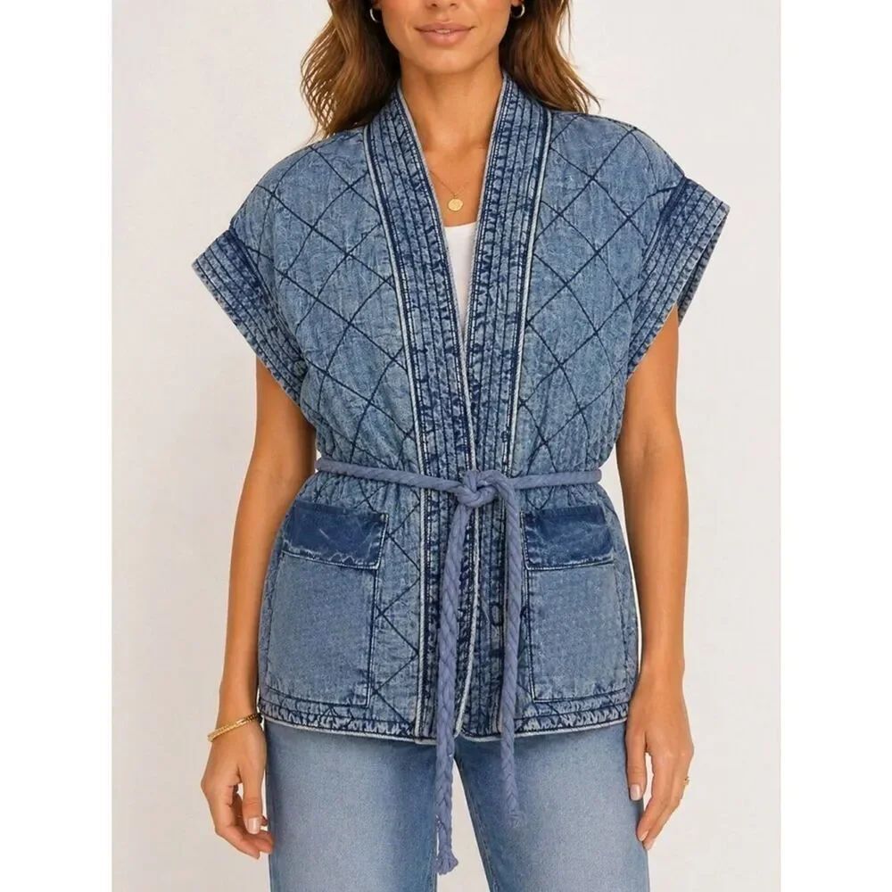 C & V Chelsea & Violet Quilted Denim Vest Size M Belted Cotton NWT